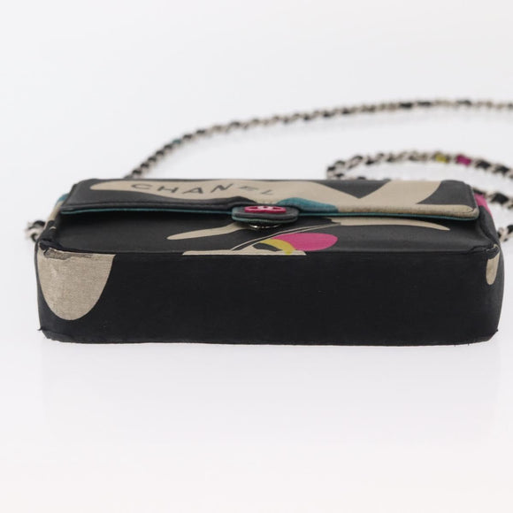 CHANEL Chain Shoulder Bag Satin Black Silver CC Auth 156506