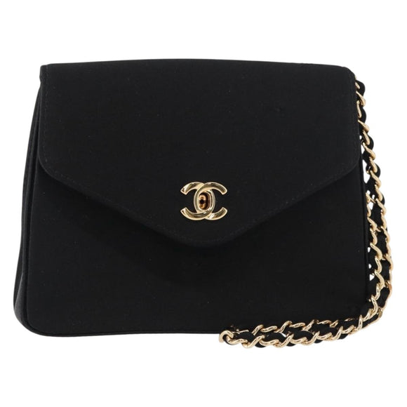 CHANEL Pouch Satin Black Gold CC Auth 156507
