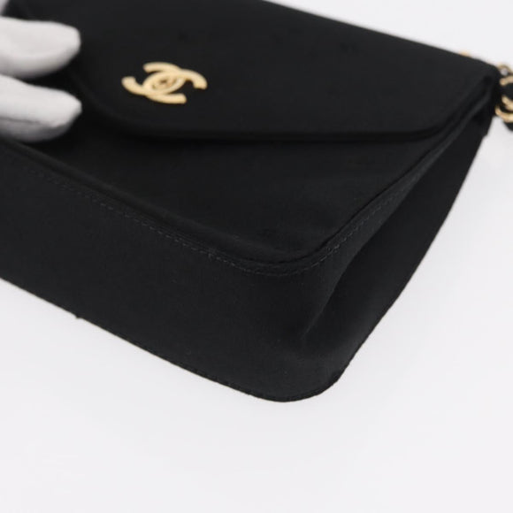 CHANEL Pouch Satin Black Gold CC Auth 156507