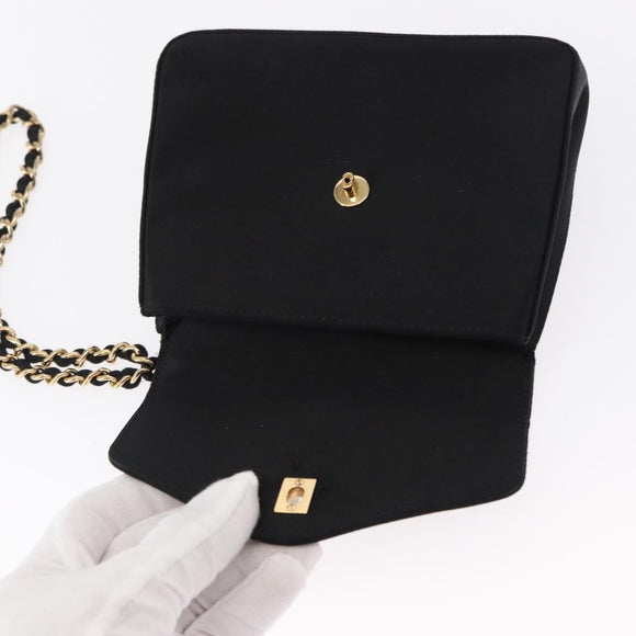 CHANEL Pouch Satin Black Gold CC Auth 156507