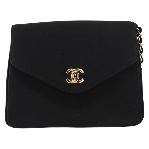 CHANEL Pouch Satin Black Gold CC Auth 156507