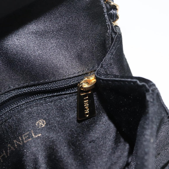 CHANEL Pouch Satin Black Gold CC Auth 156507