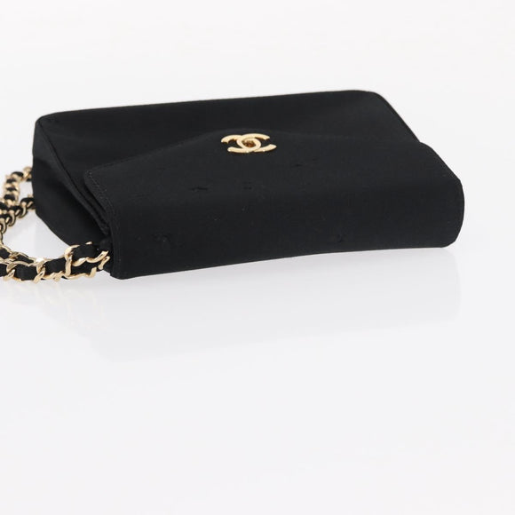 CHANEL Pouch Satin Black Gold CC Auth 156507