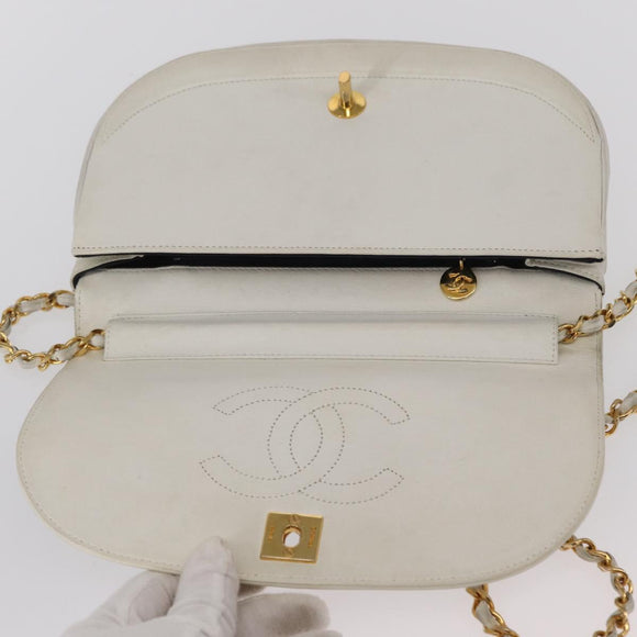 CHANEL Chain Shoulder Bag Leather White Gold CC Auth 156509