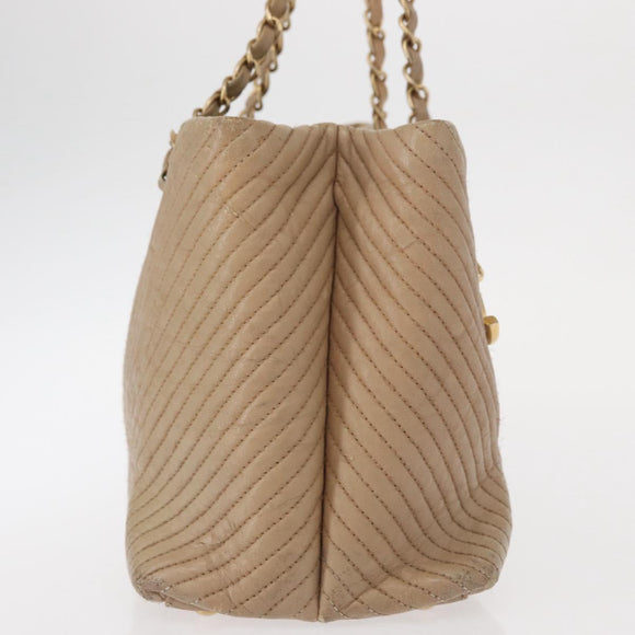 CHANEL Chain V stitch Shoulder Bag Lamb Skin Beige Gold CC Auth 156512