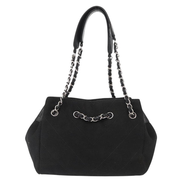 CHANEL Matelasse Chain Shoulder Bag Canvas Black Silver CC Auth 156626V