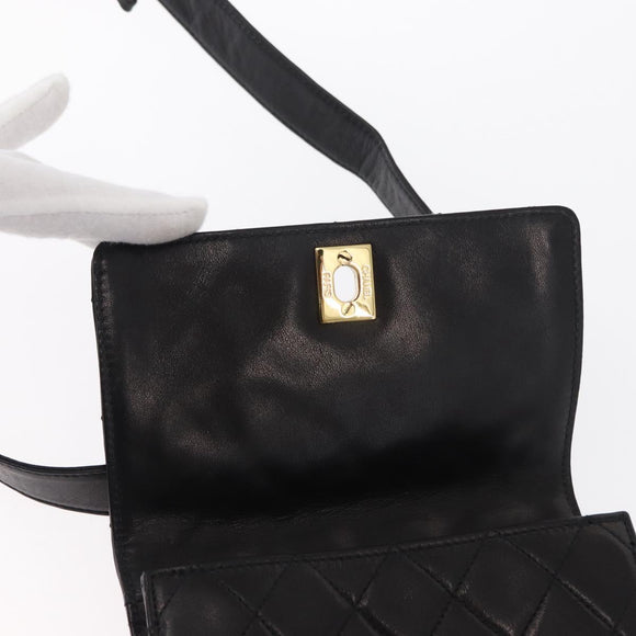 CHANEL Matelasse Waist bag Lamb Skin Black Gold CC Auth 156628V