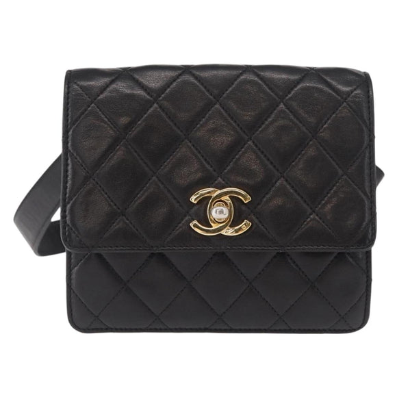 CHANEL Matelasse Waist bag Lamb Skin Black Gold CC Auth 156628V