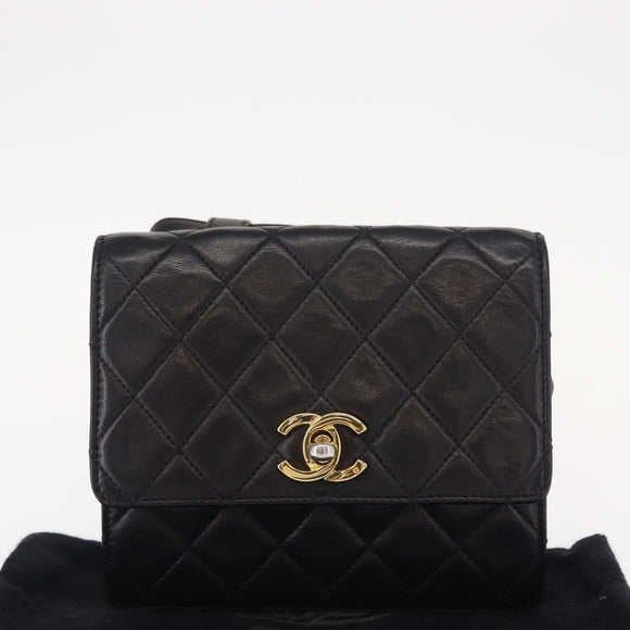CHANEL Matelasse Waist bag Lamb Skin Black Gold CC Auth 156628V