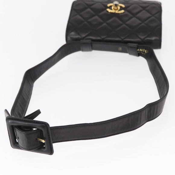 CHANEL Matelasse Waist bag Lamb Skin Black Gold CC Auth 156628V