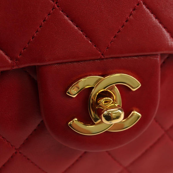 CHANEL Mini Matelasse 17 Hand Bag Lamb Skin Red Gold CC Auth 156630