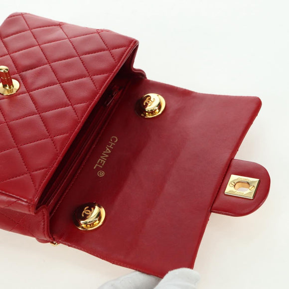 CHANEL Mini Matelasse 17 Hand Bag Lamb Skin Red Gold CC Auth 156630
