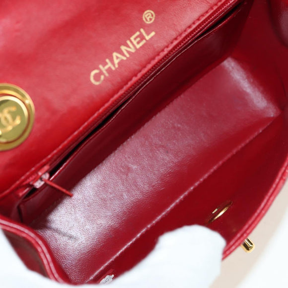 CHANEL Mini Matelasse 17 Hand Bag Lamb Skin Red Gold CC Auth 156630