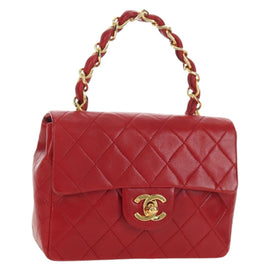 CHANEL Mini Matelasse 17 Hand Bag Lamb Skin Red Gold CC Auth 156630