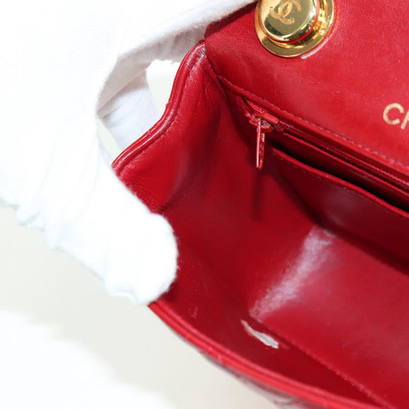 CHANEL Mini Matelasse 17 Hand Bag Lamb Skin Red Gold CC Auth 156630