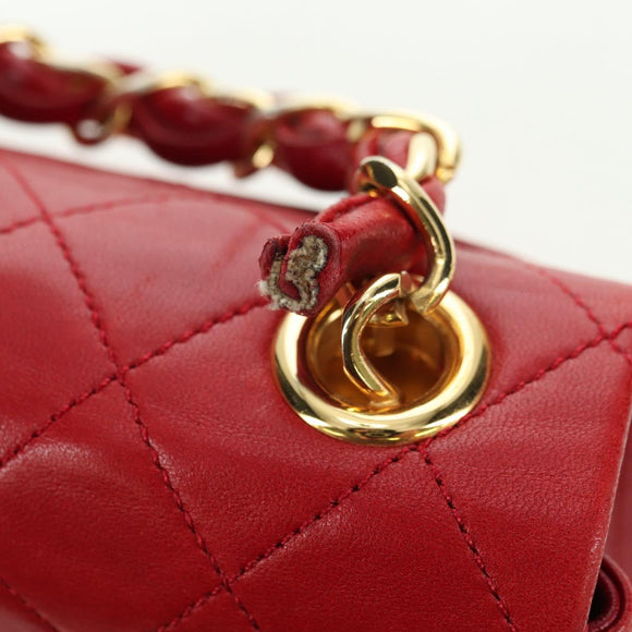 CHANEL Mini Matelasse 17 Hand Bag Lamb Skin Red Gold CC Auth 156630
