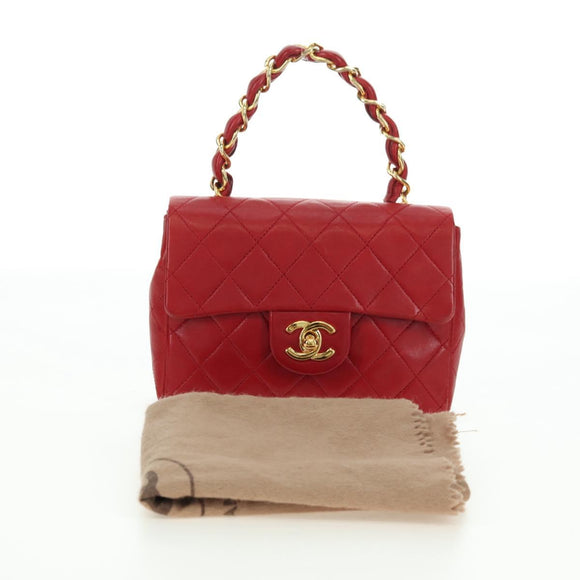 CHANEL Mini Matelasse 17 Hand Bag Lamb Skin Red Gold CC Auth 156630