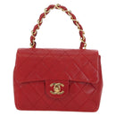 CHANEL Mini Matelasse 17 Hand Bag Lamb Skin Red Gold CC Auth 156630-2