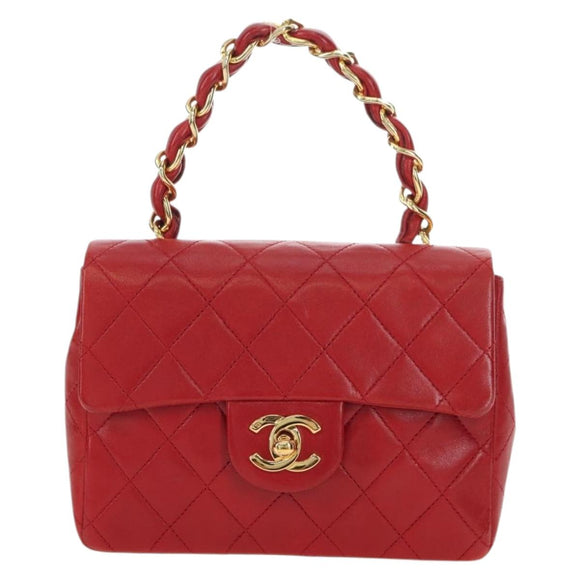 CHANEL Mini Matelasse 17 Hand Bag Lamb Skin Red Gold CC Auth 156630