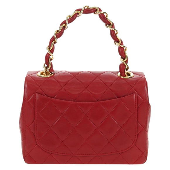 CHANEL Mini Matelasse 17 Hand Bag Lamb Skin Red Gold CC Auth 156630