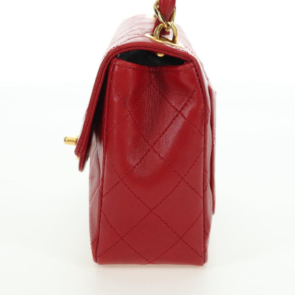CHANEL Mini Matelasse 17 Hand Bag Lamb Skin Red Gold CC Auth 156630