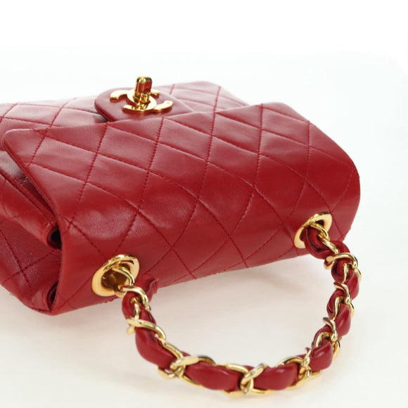 CHANEL Mini Matelasse 17 Hand Bag Lamb Skin Red Gold CC Auth 156630