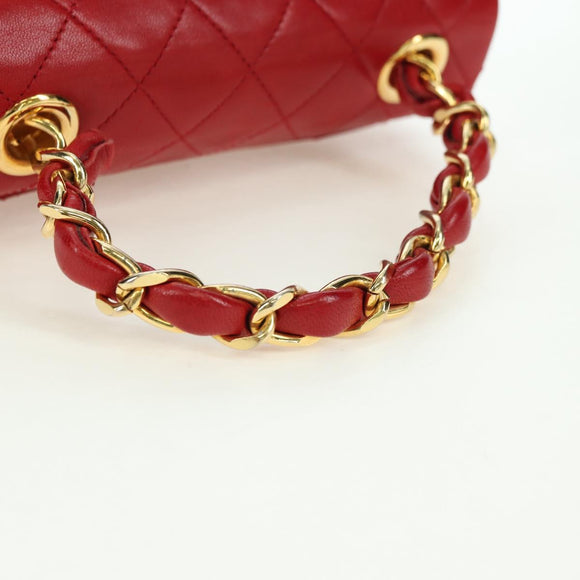 CHANEL Mini Matelasse 17 Hand Bag Lamb Skin Red Gold CC Auth 156630