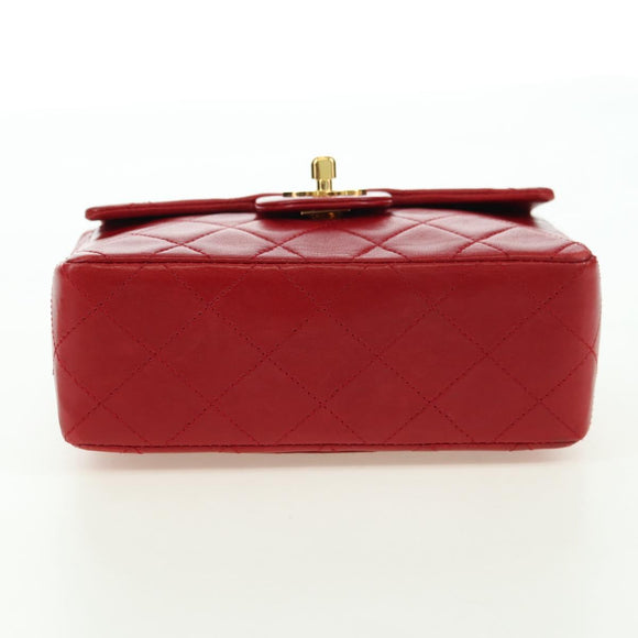 CHANEL Mini Matelasse 17 Hand Bag Lamb Skin Red Gold CC Auth 156630