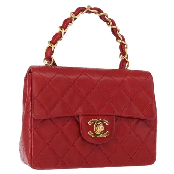 CHANEL Mini Matelasse 17 Hand Bag Lamb Skin Red Gold CC Auth 156630SAV