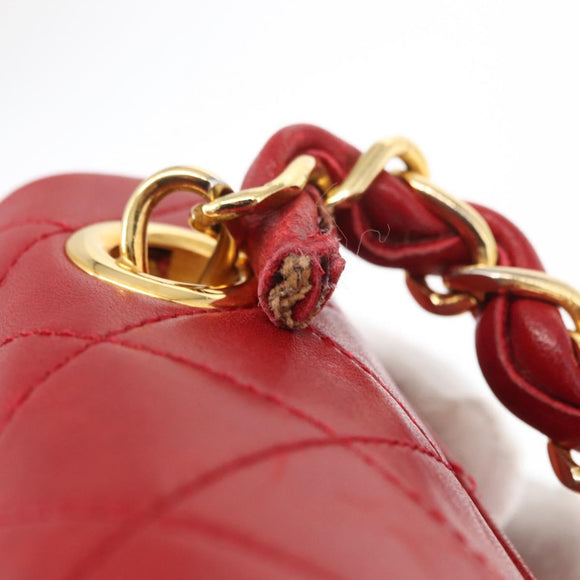 CHANEL Mini Matelasse 17 Hand Bag Lamb Skin Red Gold CC Auth 156630SAV