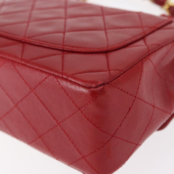 CHANEL Mini Matelasse 17 Hand Bag Lamb Skin Red Gold CC Auth 156630SAV