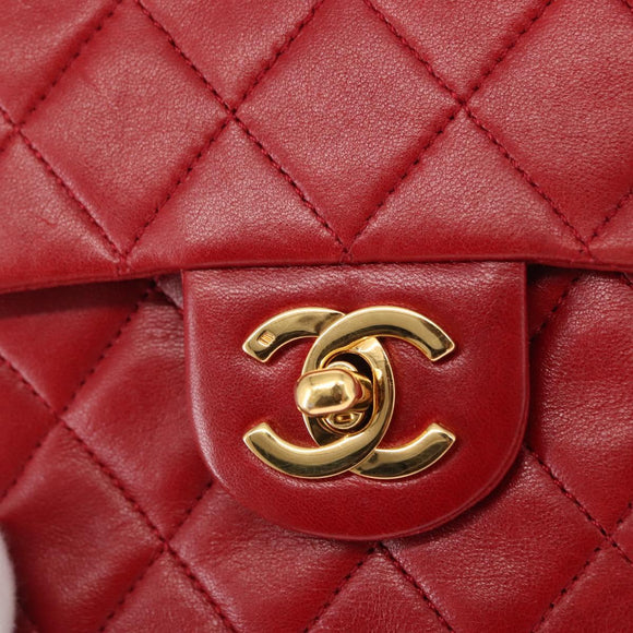 CHANEL Mini Matelasse 17 Hand Bag Lamb Skin Red Gold CC Auth 156630SAV