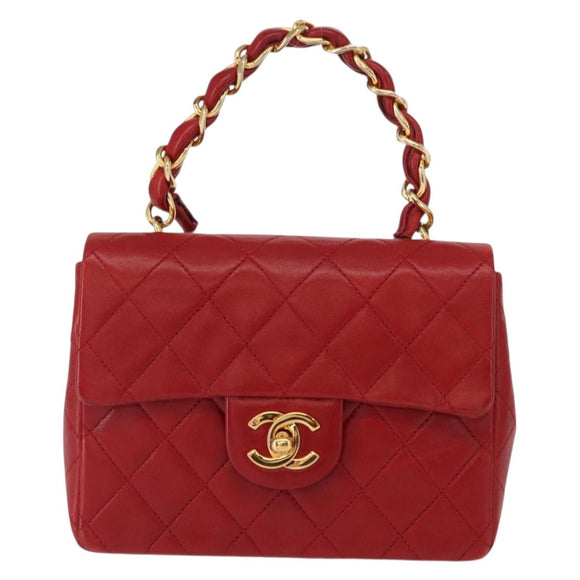 CHANEL Mini Matelasse 17 Hand Bag Lamb Skin Red Gold CC Auth 156630SAV