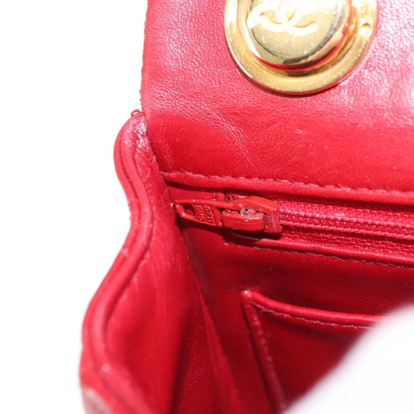 CHANEL Mini Matelasse 17 Hand Bag Lamb Skin Red Gold CC Auth 156630SAV