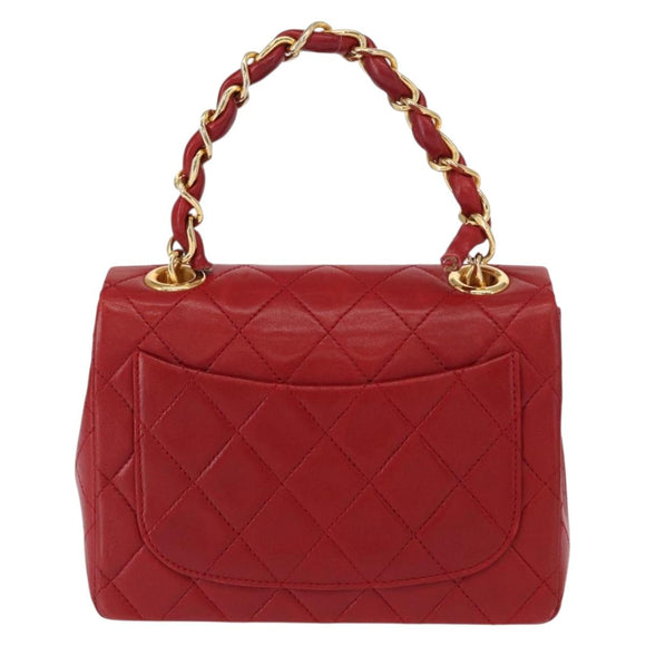 CHANEL Mini Matelasse 17 Hand Bag Lamb Skin Red Gold CC Auth 156630SAV
