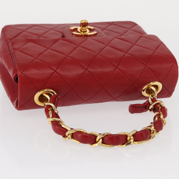 CHANEL Mini Matelasse 17 Hand Bag Lamb Skin Red Gold CC Auth 156630SAV