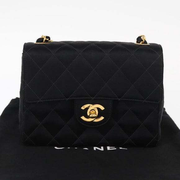 CHANEL Mini Matelasse 17 Chain Shoulder Bag Satin Black Gold CC Auth 156632SAM