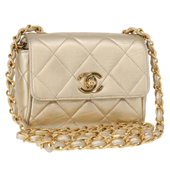 CHANEL Mini Matelasse 13 Chain Shoulder Bag Leather Gold CC Auth 156634SAM
