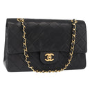 CHANEL Matelasse 25 Double Flap Chain Bag Lamb Skin Black Gold CC Auth 156636SAV-1