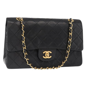 CHANEL Matelasse 25 Double Flap Chain Bag Lamb Skin Black Gold CC Auth 156636SAV