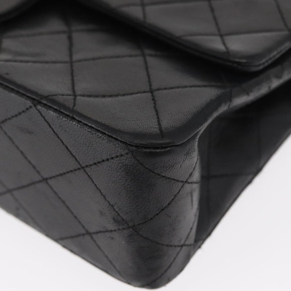 CHANEL Matelasse 25 Double Flap Chain Bag Lamb Skin Black Gold CC Auth 156636SAV