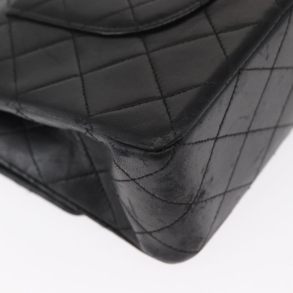 CHANEL Matelasse 25 Double Flap Chain Bag Lamb Skin Black Gold CC Auth 156636SAV