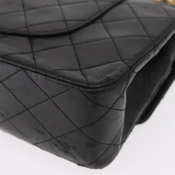 CHANEL Matelasse 25 Double Flap Chain Bag Lamb Skin Black Gold CC Auth 156636SAV