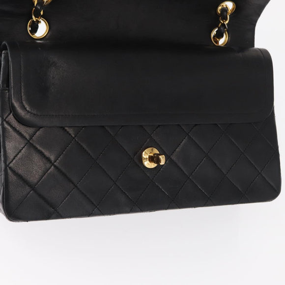 CHANEL Matelasse 25 Double Flap Chain Bag Lamb Skin Black Gold CC Auth 156636SAV