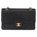 CHANEL Matelasse 25 Double Flap Chain Bag Lamb Skin Black Gold CC Auth 156636SAV-2