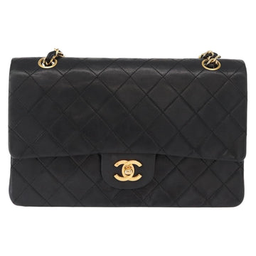 CHANEL Matelasse 25 Double Flap Chain Bag Lamb Skin Black Gold CC Auth 156636SAV - 0