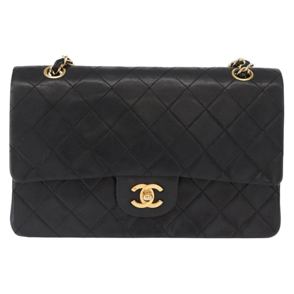 CHANEL Matelasse 25 Double Flap Chain Bag Lamb Skin Black Gold CC Auth 156636SAV