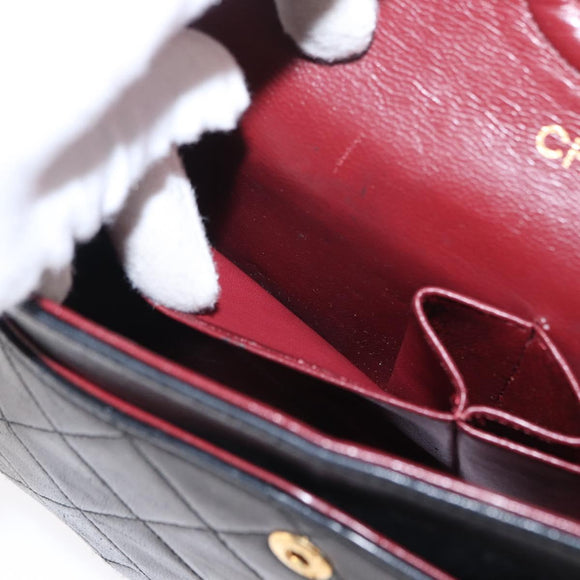 CHANEL Matelasse 25 Double Flap Chain Bag Lamb Skin Black Gold CC Auth 156636SAV