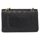 CHANEL Matelasse 25 Double Flap Chain Bag Lamb Skin Black Gold CC Auth 156636SAV-3