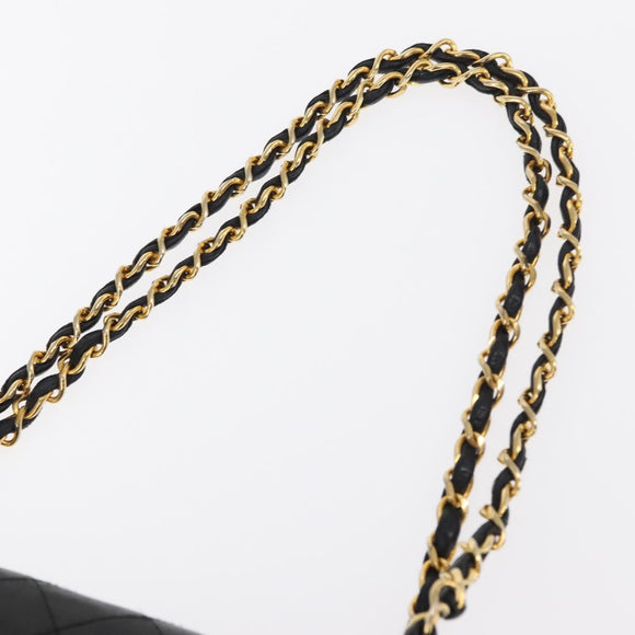 CHANEL Matelasse 25 Double Flap Chain Bag Lamb Skin Black Gold CC Auth 156636SAV